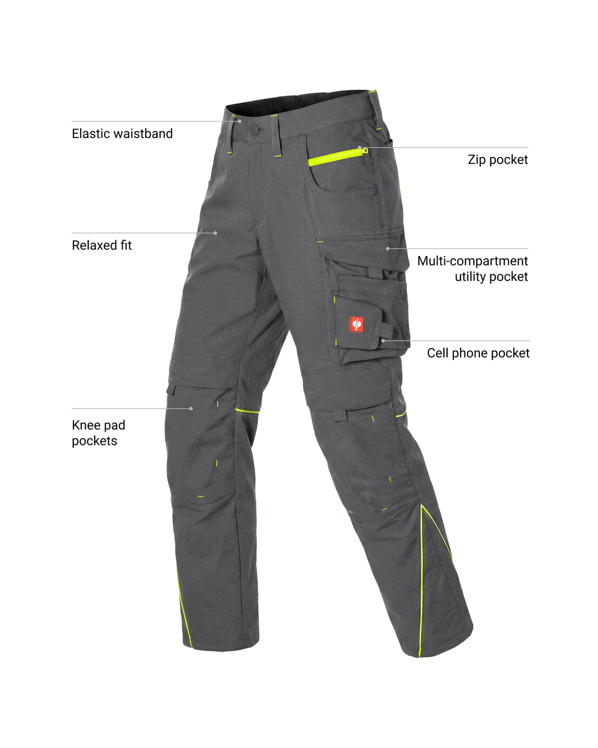 Dark gray technical cargo pants with neon yellow-green accents and multiple labeled pockets and fit features, shown on a white background with callout text.