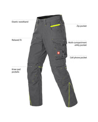 Dark gray technical cargo pants with neon yellow-green accents and multiple labeled pockets and fit features, shown on a white background with callout text.