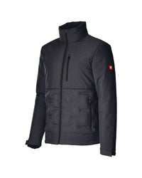 A dark gray men's insulated jacket with a stand-up collar, full zip front, and a small red Swiss flag logo on the left sleeve, shown on a plain white background.