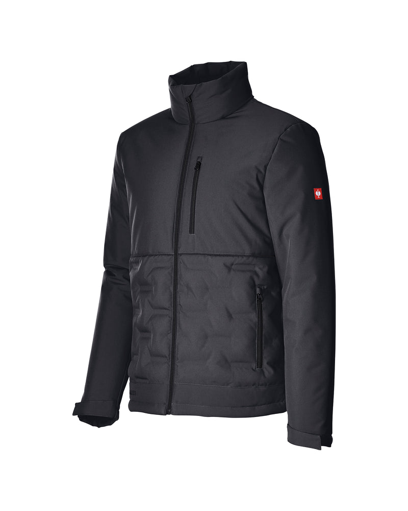 A dark gray men's insulated jacket with a stand-up collar, full zip front, and a small red Swiss flag logo on the left sleeve, shown on a plain white background.