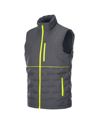 A dark gray sleeveless puffer vest with high collar, featuring bright neon yellow-green zipper accents on the front, chest, and side pockets, shown against a plain white background.