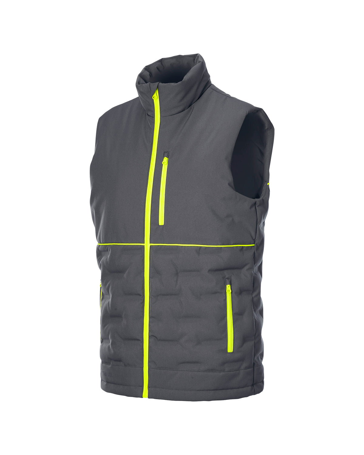 A dark gray sleeveless puffer vest with high collar, featuring bright neon yellow-green zipper accents on the front, chest, and side pockets, shown against a plain white background.