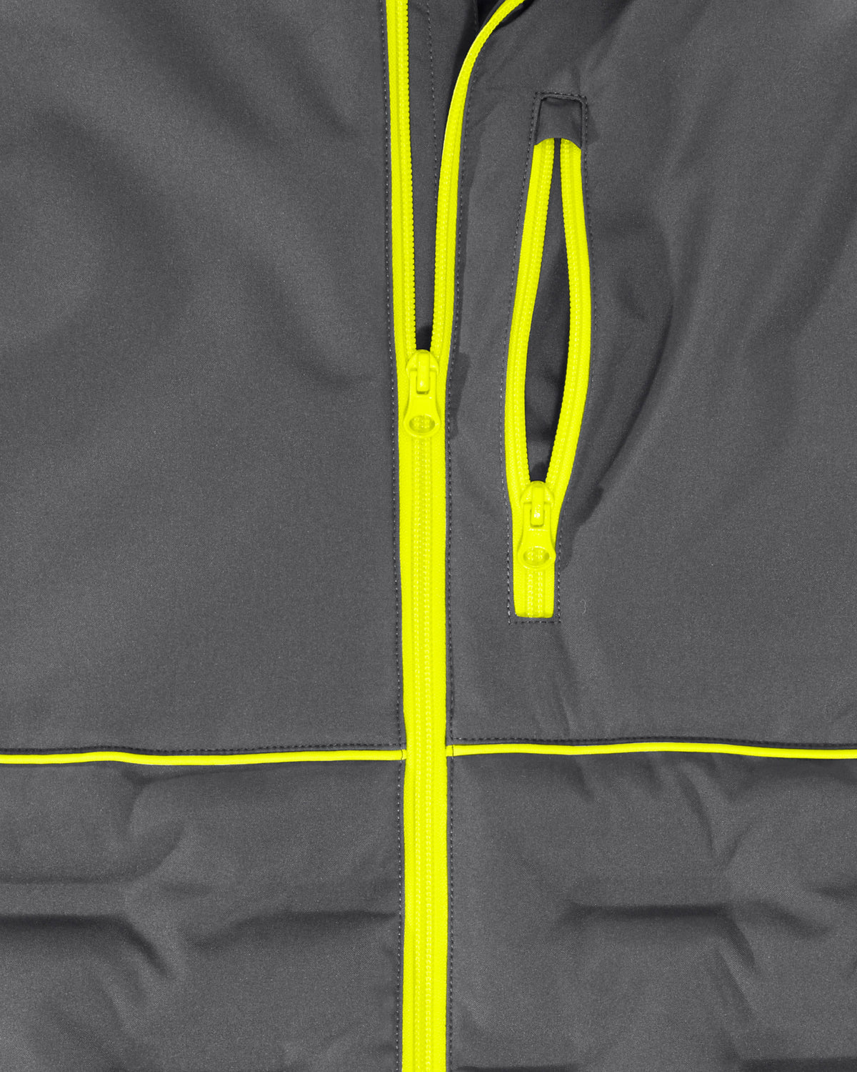 Close-up of a dark gray jacket with bright neon yellow zipper and piping details.