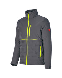A dark gray softshell jacket with bright neon yellow-green zipper accents, a high collar, and a small red logo patch on the left sleeve, shown on a plain white background.