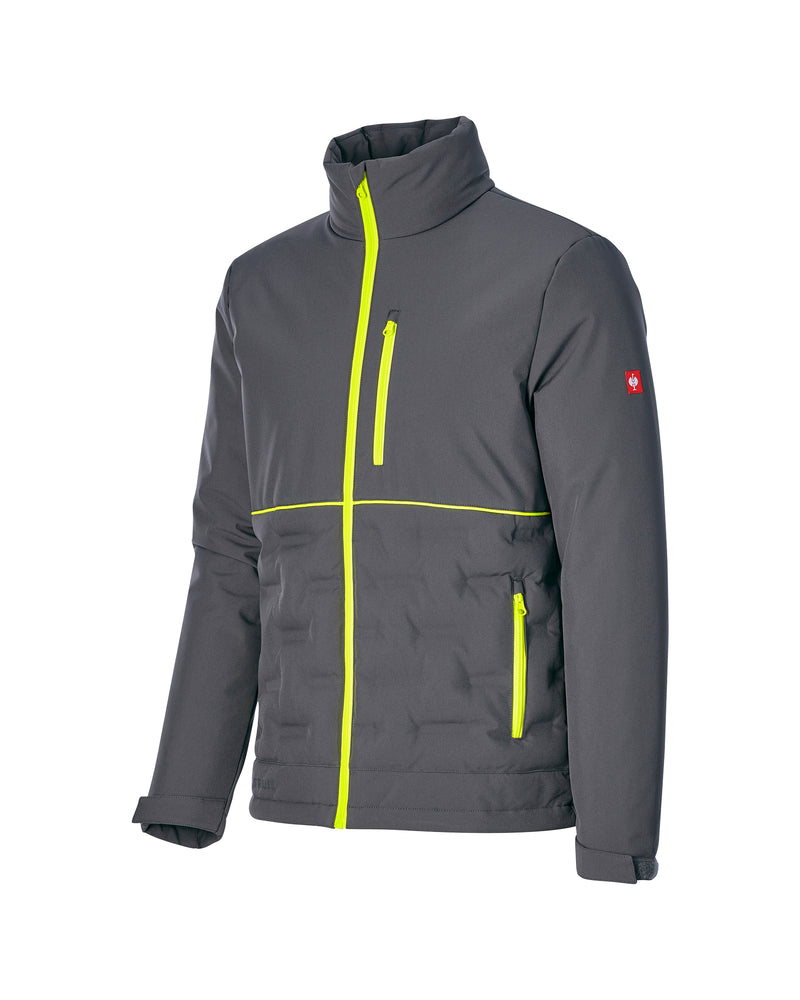 A dark gray softshell jacket with bright neon yellow-green zipper accents, a high collar, and a small red logo patch on the left sleeve, shown on a plain white background.