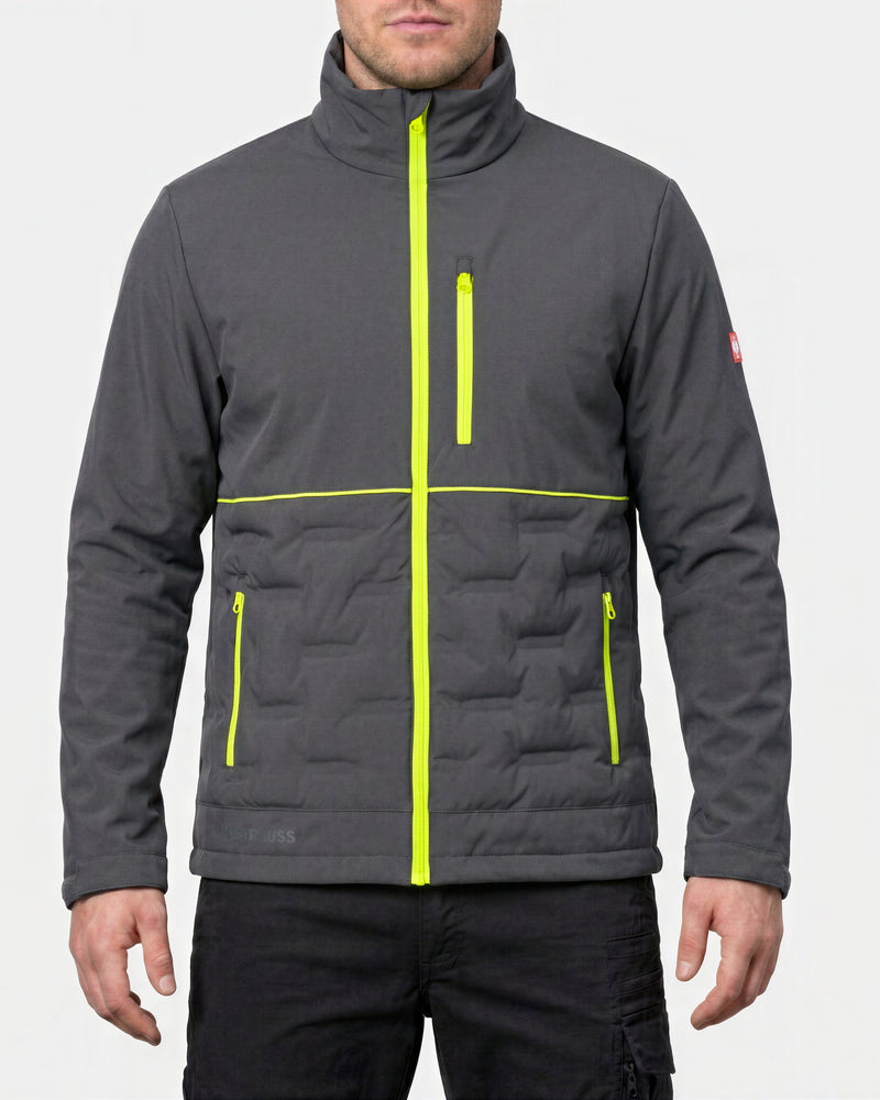 A man wearing a dark gray quilted jacket with bright neon yellow-green zipper accents, shown from the chin down against a light gray studio background.
