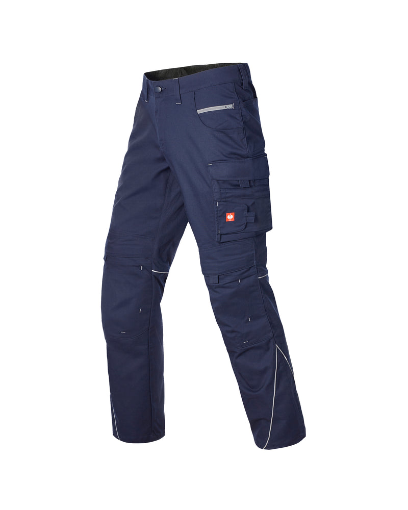 A pair of dark navy blue technical cargo pants with multiple utility pockets, shown on a clean white background.