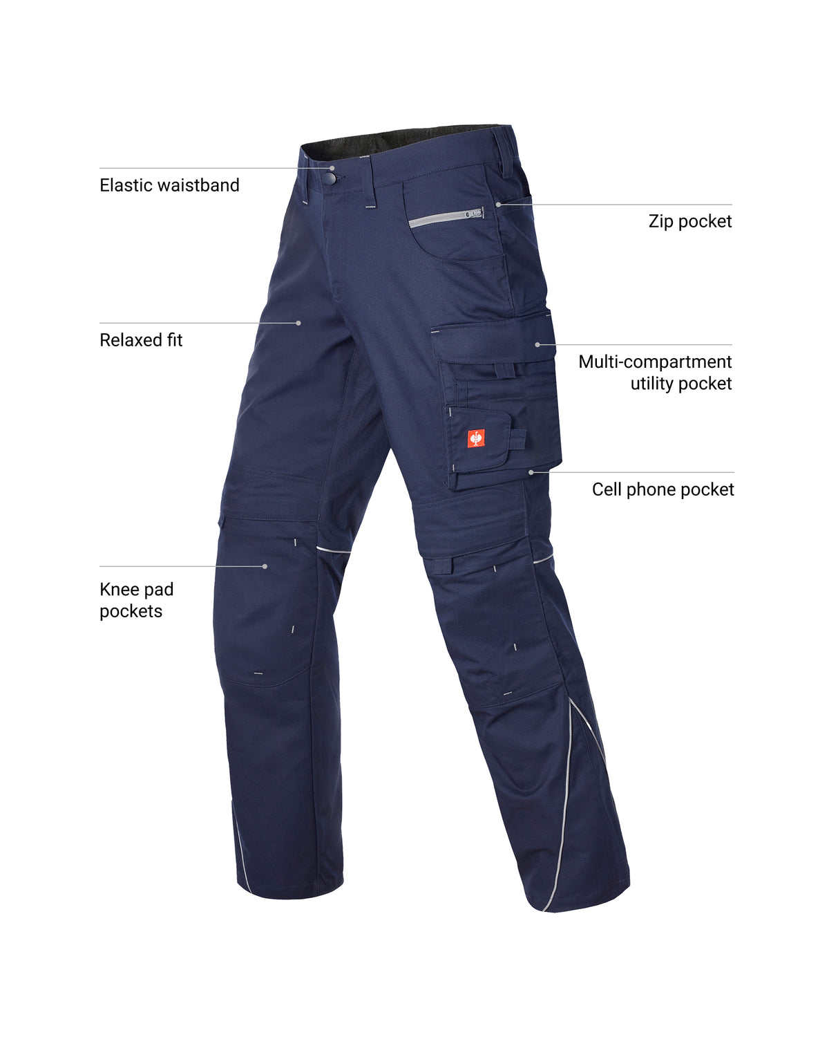 Navy blue technical work pants with multiple utility pockets, knee pad pockets, and white reflective piping, shown on a white background with callout labels pointing to features.