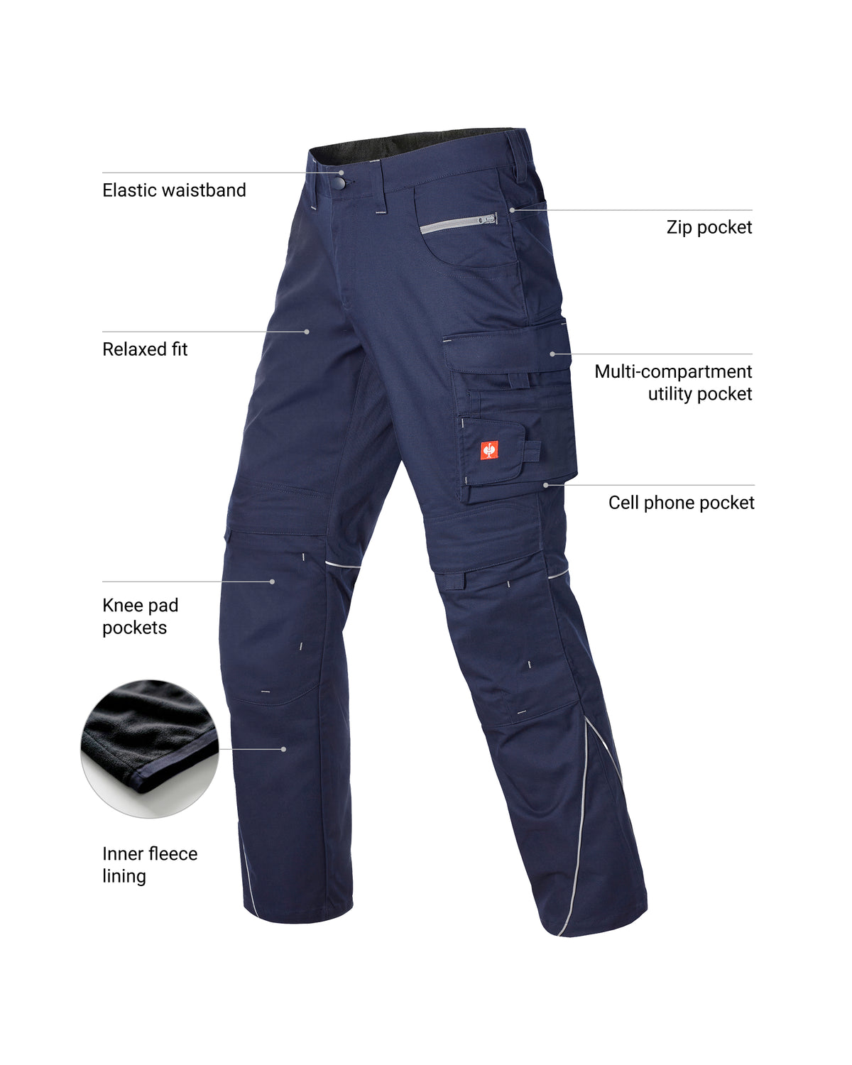 Navy blue technical work pants with multiple labeled pockets and features, shown on a white background with callout labels for elastic waistband, zip pocket, relaxed fit, multi-compartment utility pocket, cell phone pocket, knee pad pockets, and inner fleece lining.