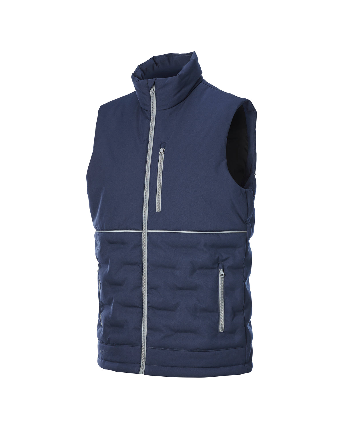 A navy blue sleeveless puffer vest with a high collar, featuring a full-length front zipper, a zippered chest pocket, and a zippered hand pocket, shown against a plain white background.