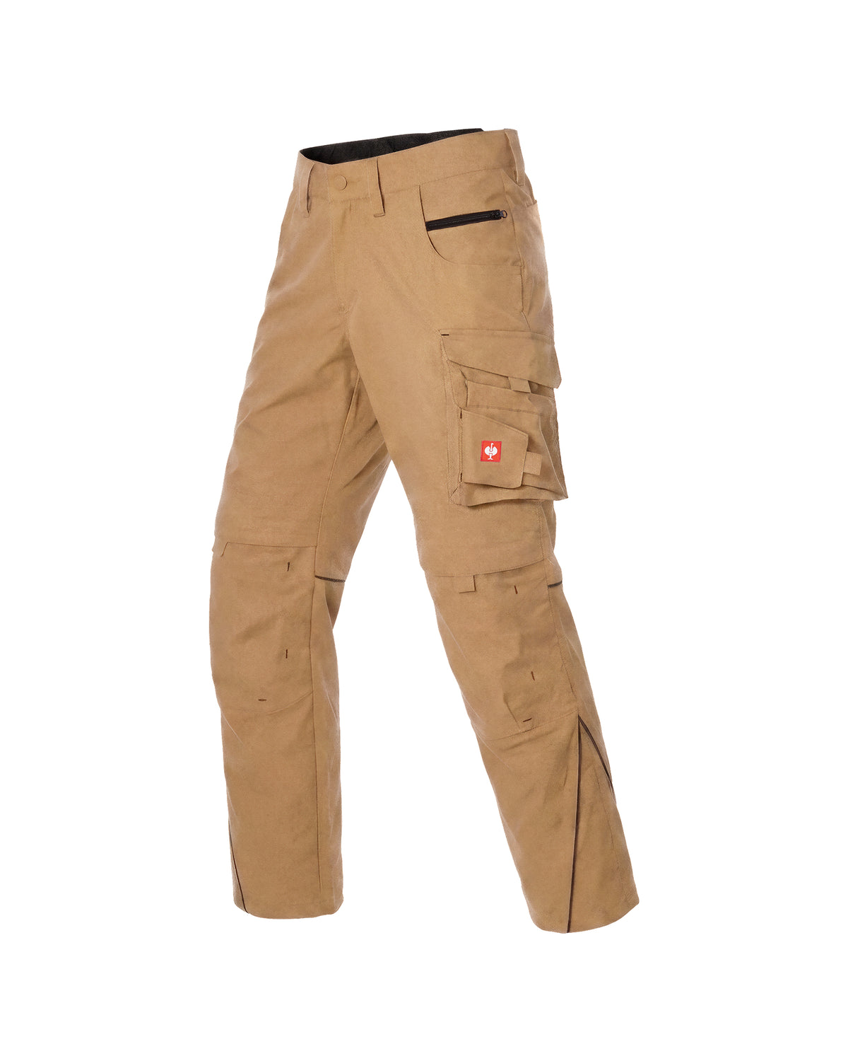 A pair of tan cargo pants with multiple utility pockets, shown from a three-quarters angle on a white background.