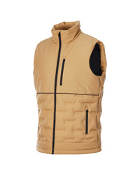 A sleeveless quilted puffer vest in tan with black zippers and a black inner lining on the sleeve, shown against a plain white background.