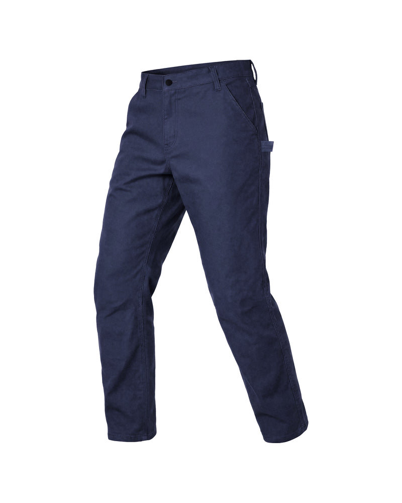 Navy STRAUSS stretch canvas multipocket work pants with belt loops and side pockets, front view.