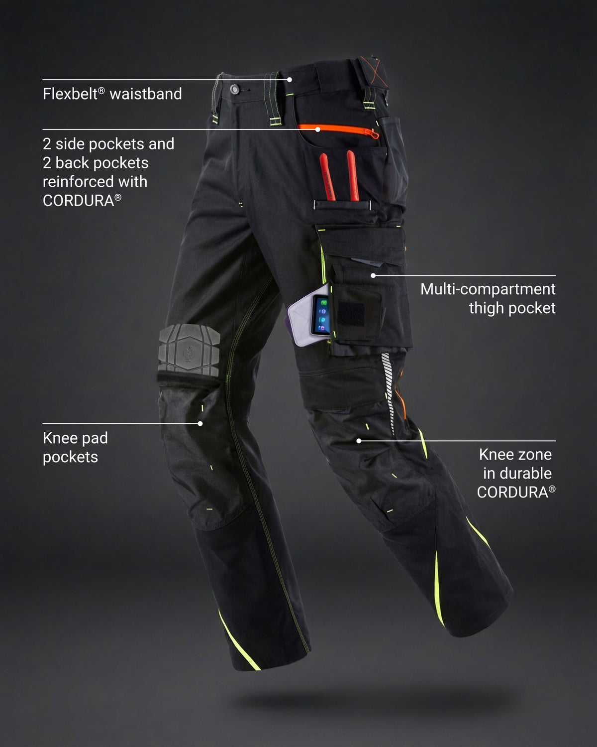 Feature view of Cargo Work Pants e.s.motion 2020 in black/high-vis yellow-orange, showing cargo pocket details