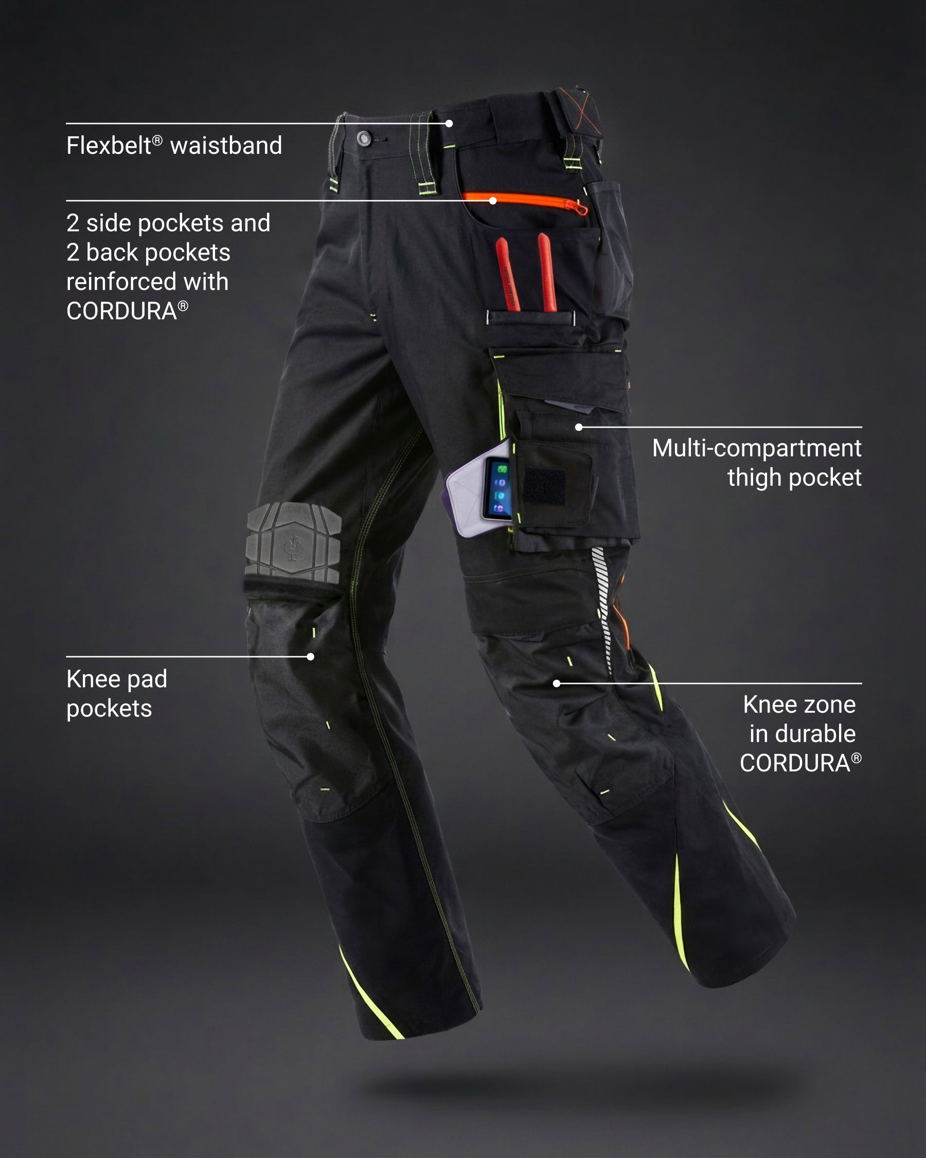 Feature view of Cargo Work Pants e.s.motion 2020 in black/high-vis yellow-orange, showing cargo pocket details