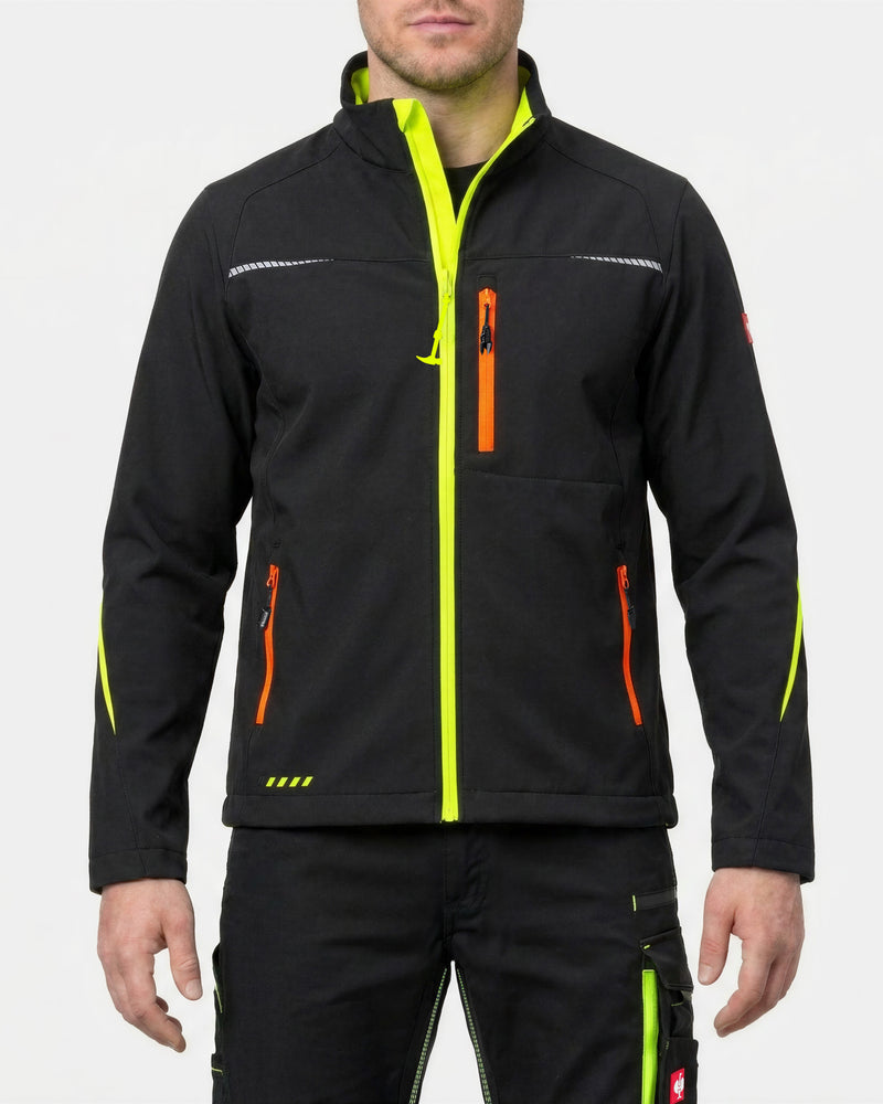 STRAUSS e.s.motion 2020 softshell jacket in black, high-vis yellow, and orange worn, front view
