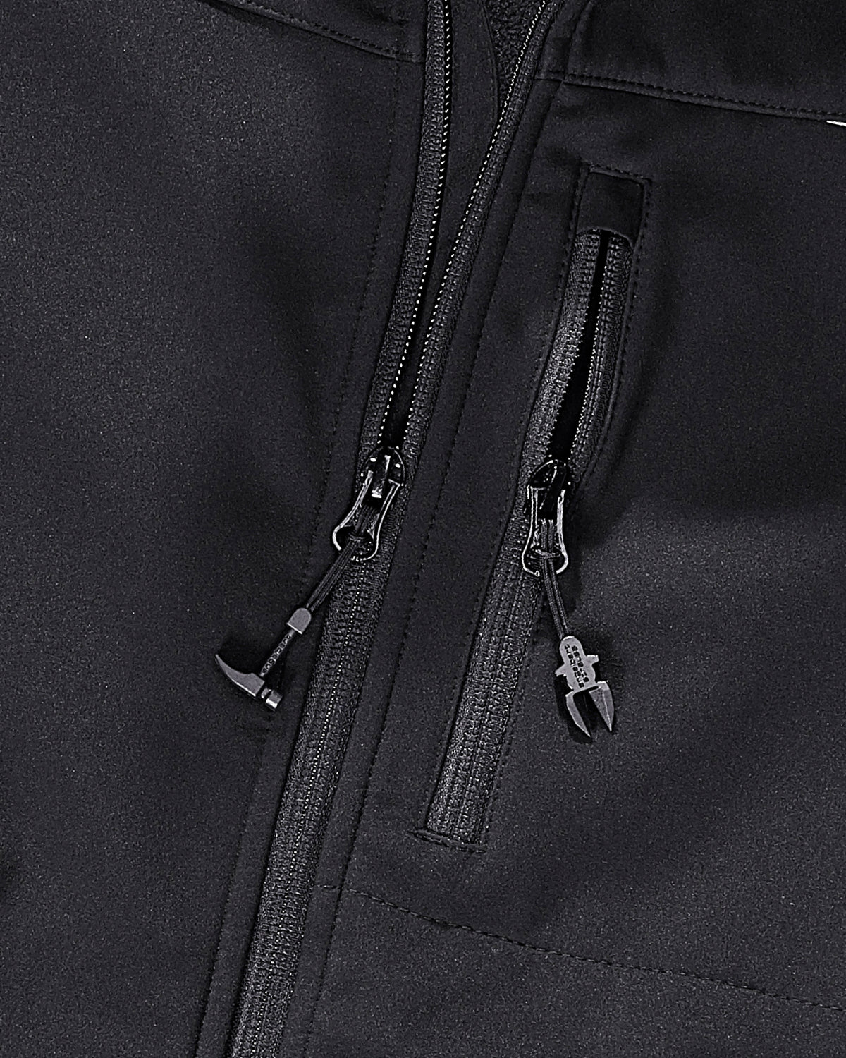 Close-up of softshell fabric and zipper details on STRAUSS e.s.motion 2020 softshell jacket in black
