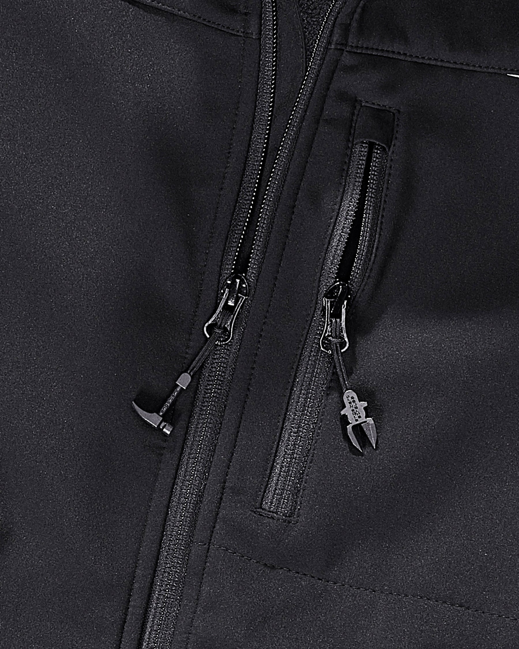 Close-up of softshell fabric and zipper details on STRAUSS e.s.motion 2020 softshell jacket in black