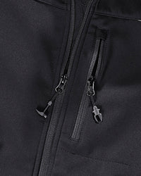 Close-up of softshell fabric and zipper details on STRAUSS e.s.motion 2020 softshell jacket in black