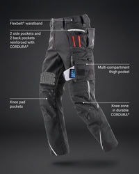 Feature view of Cargo Work Pants e.s.motion 2020 in anthracite/platinum, showing cargo pocket details