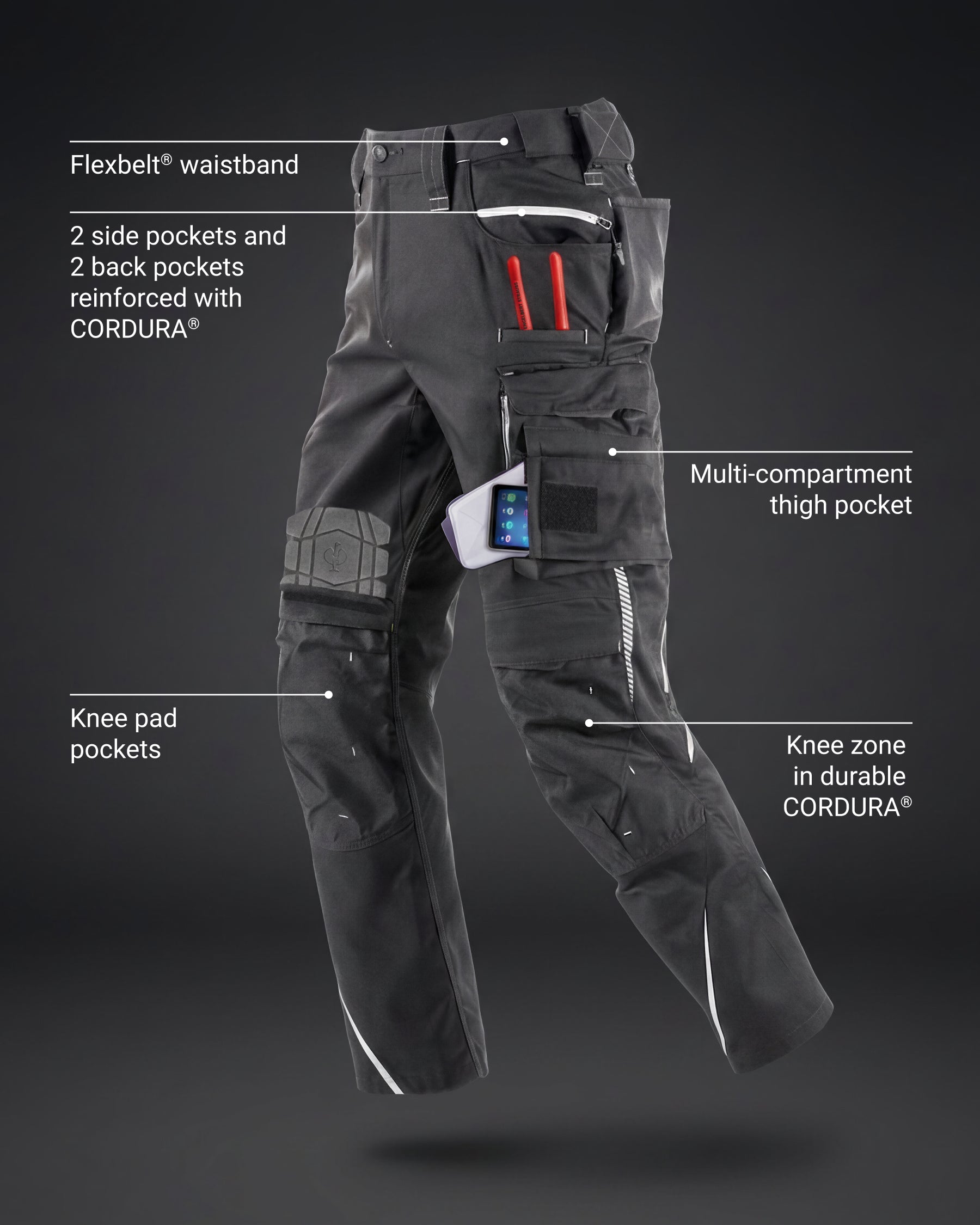 Feature view of Cargo Work Pants e.s.motion 2020 in anthracite/platinum, showing cargo pocket details