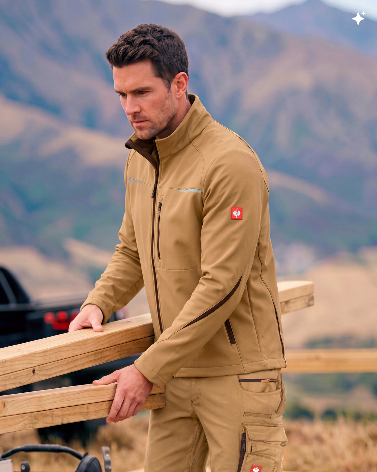 A man wearing a tan technical jacket with a high collar, zippered chest, and a small red logo patch on the upper sleeve, posed outdoors against a blurred mountain background.