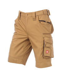 A pair of tan cargo shorts with a belt loop, front button closure, utility pockets, and a red logo patch on the cargo pocket, shown against a plain white background.