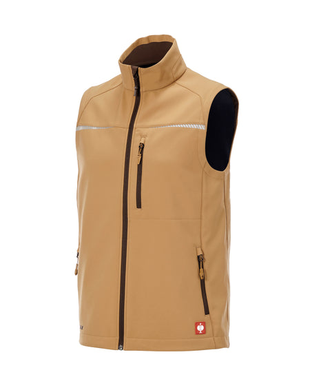 A tan sleeveless zip-front vest with a high collar, black inner lining on the sleeve and front pocket, and a small red logo patch near the lower hem, shown on a plain white background.