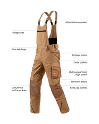 A pair of tan work overalls shown on a white background with multiple feature callouts and labels, including adjustable suspenders, front pocket, wide belt loops, knee pad pockets, zippered pocket, 2 side pockets, multi-compartment thigh pocket, reflective details, and CORDURA reinforced knee.