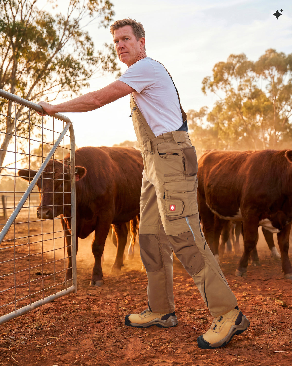 A man wearing tan agricultural overalls, a white t-shirt, and work boots stands in a dusty farmyard at sunset, leaning on a metal gate with cows in the background.