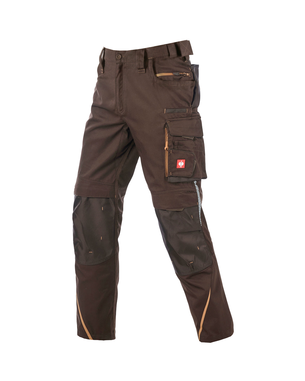 A pair of dark brown work pants with reinforced knee panels and utility cargo pockets, shown against a plain white background.