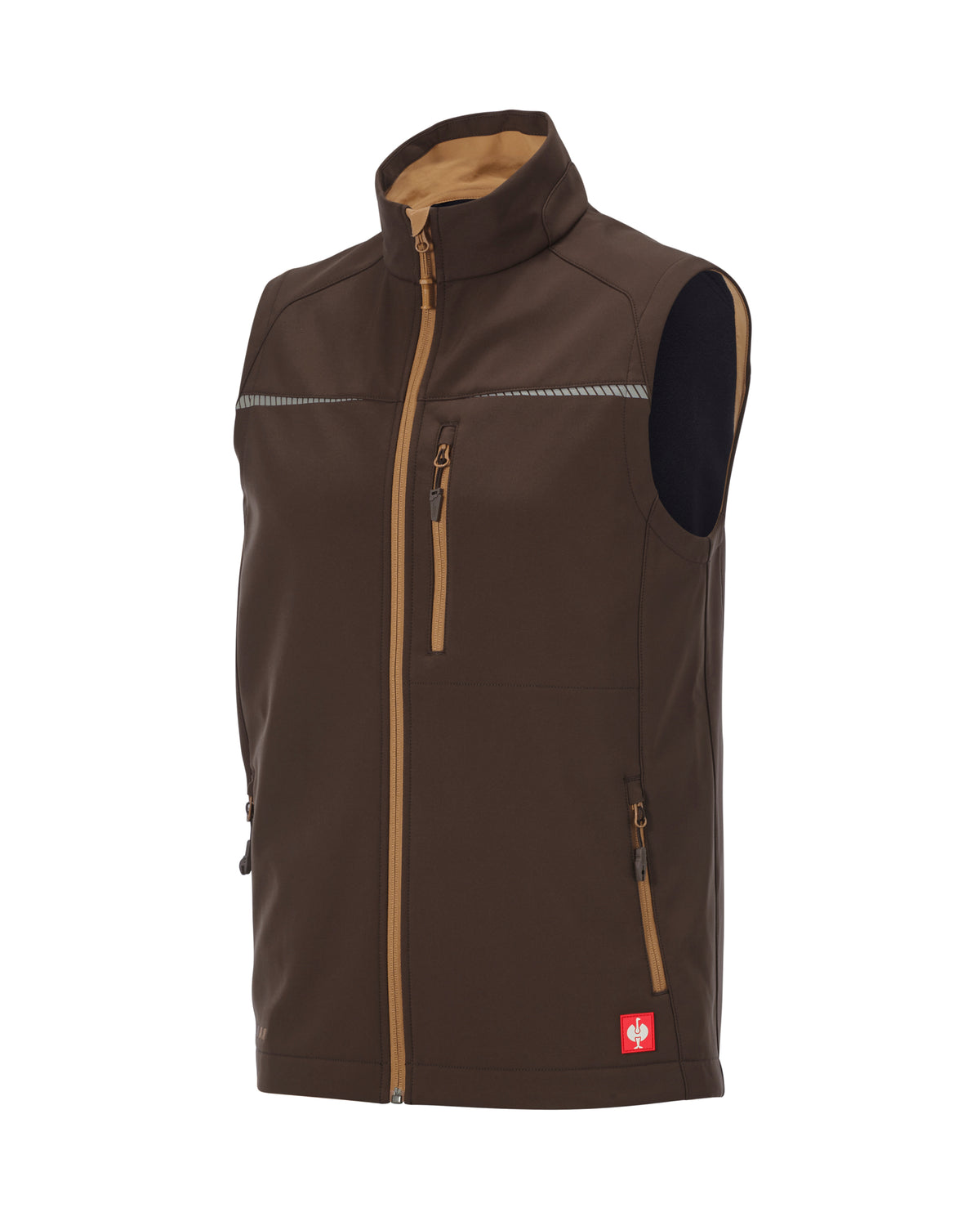 A brown sleeveless zip-front vest with a high collar, shown on a white background. The vest features a tan interior lining, a tan zipper, and a small red logo patch near the bottom right hem.