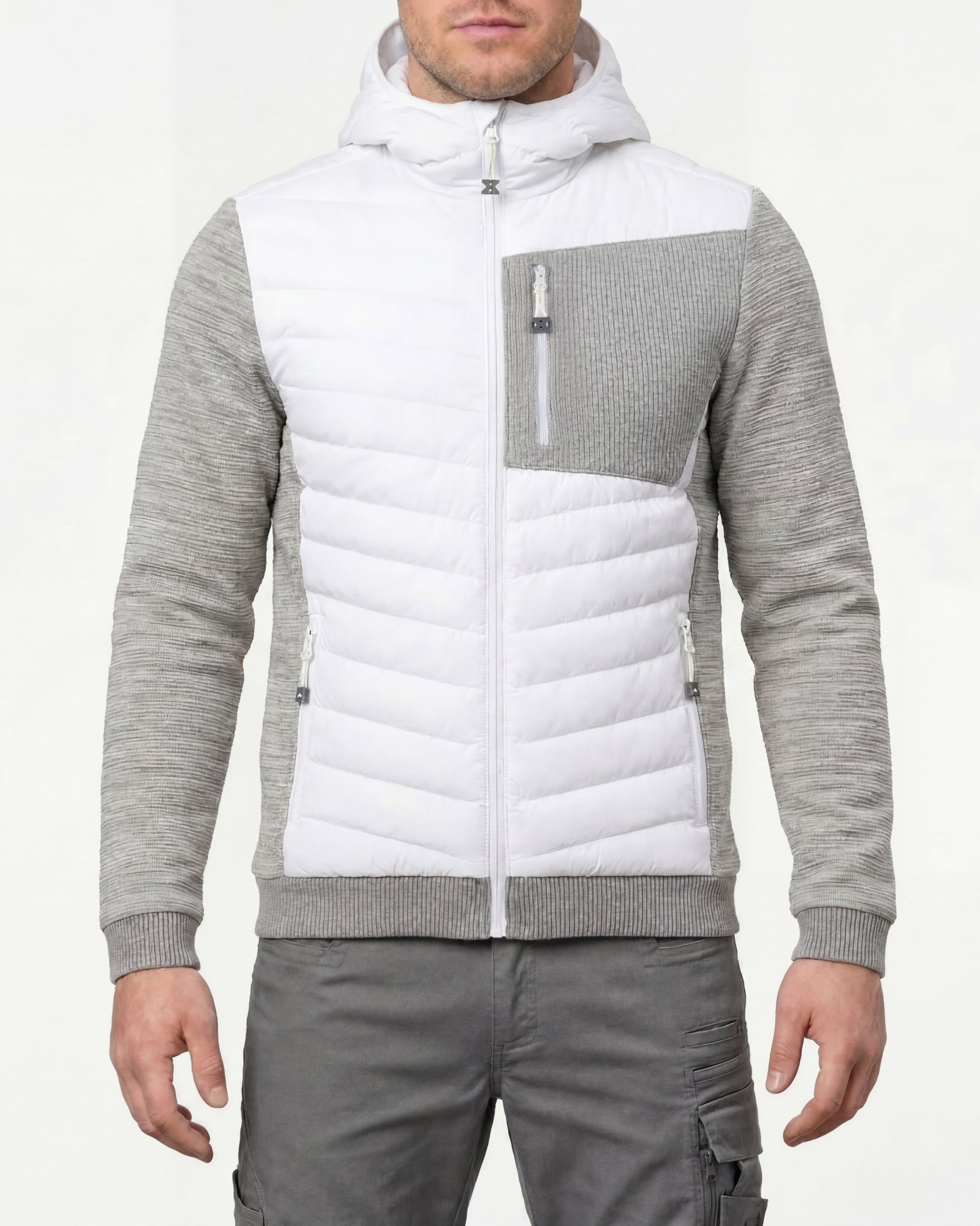 STRAUSS e.s.motion ten hybrid hooded jacket in white melange worn, front view