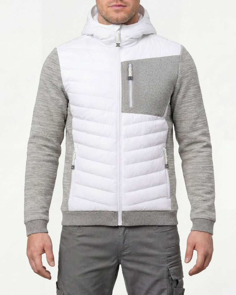 STRAUSS e.s.motion ten hybrid hooded jacket in white melange worn, front view