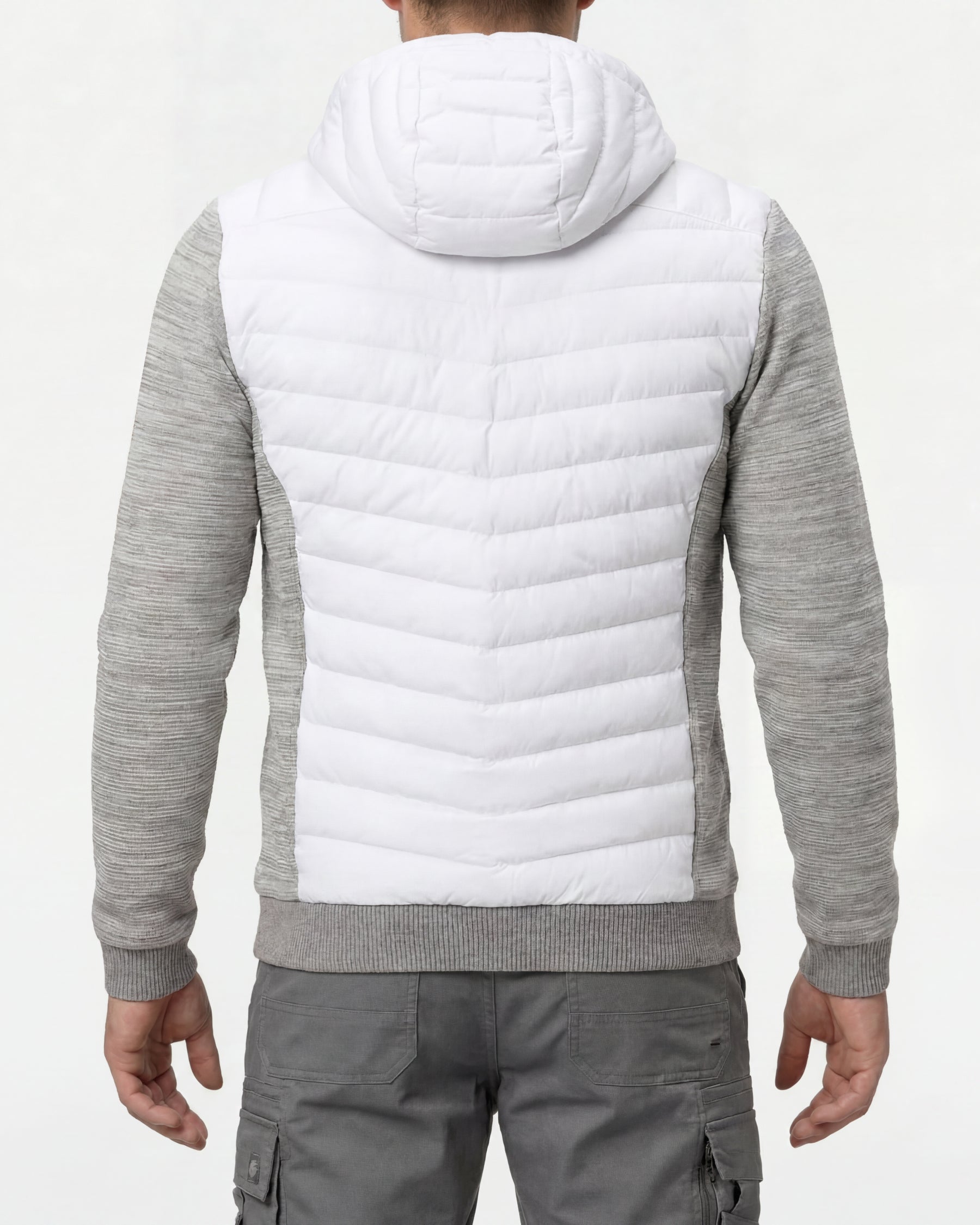 STRAUSS e.s.motion ten hybrid hooded jacket in white melange worn, back view