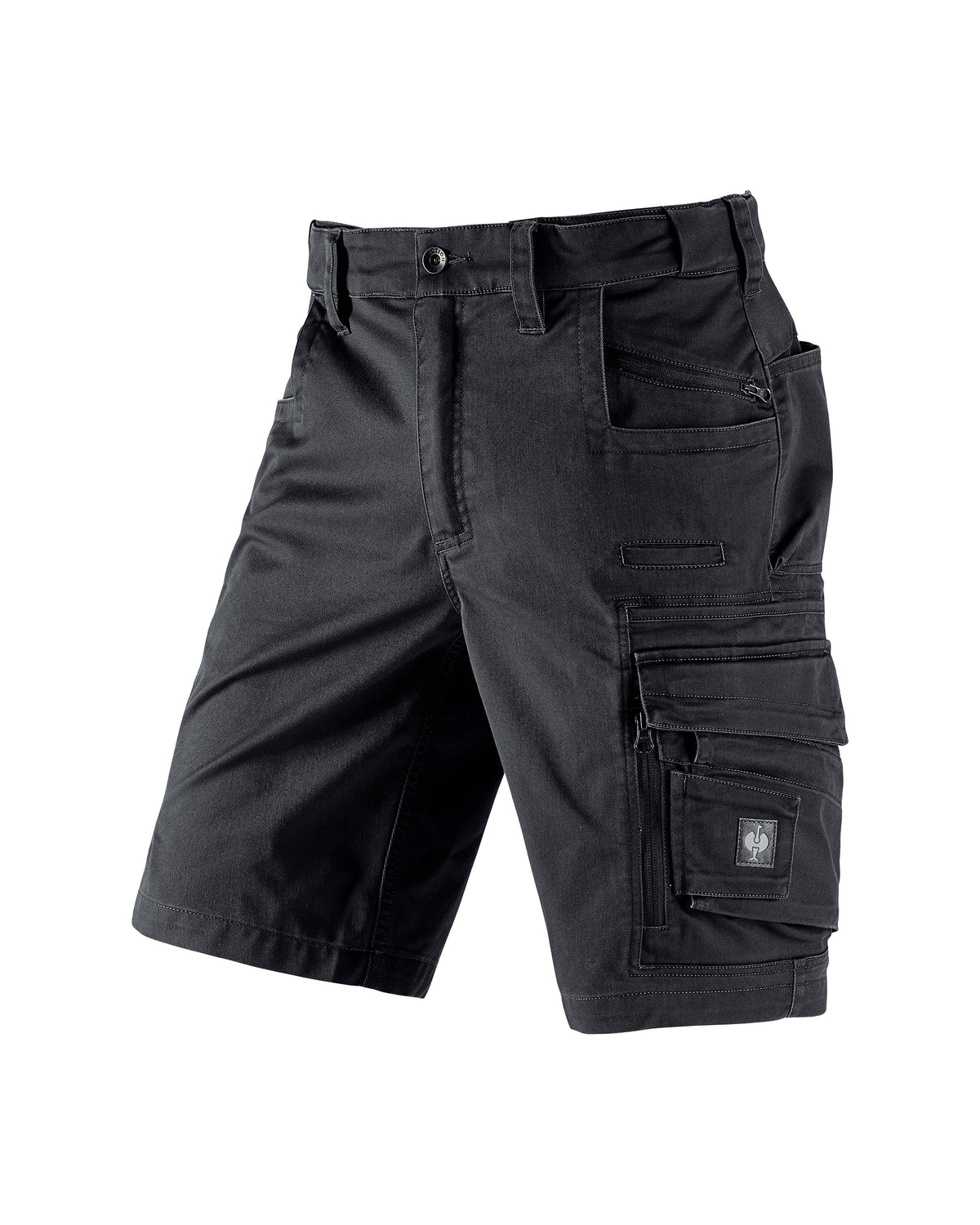Engelbert Strauss e.s. motion ten shorts in oxid black, shown as a clean front product image highlighting the above-knee workwear cut, waistband, and functional pocket placement.