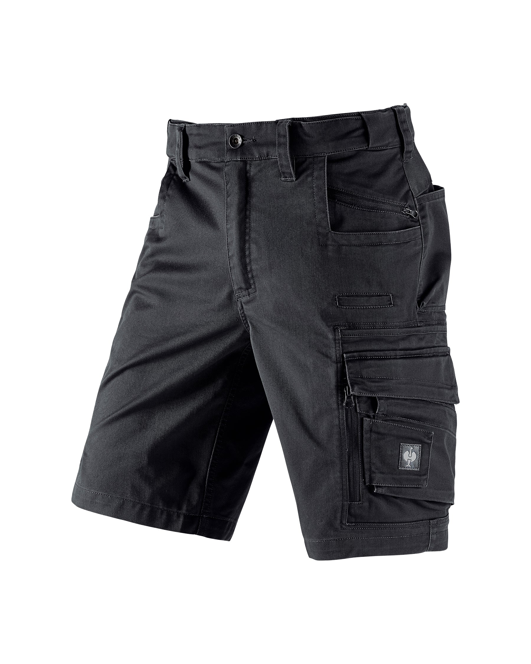 Engelbert Strauss e.s. motion ten shorts in oxid black, shown as a clean front product image highlighting the above-knee workwear cut, waistband, and functional pocket placement.