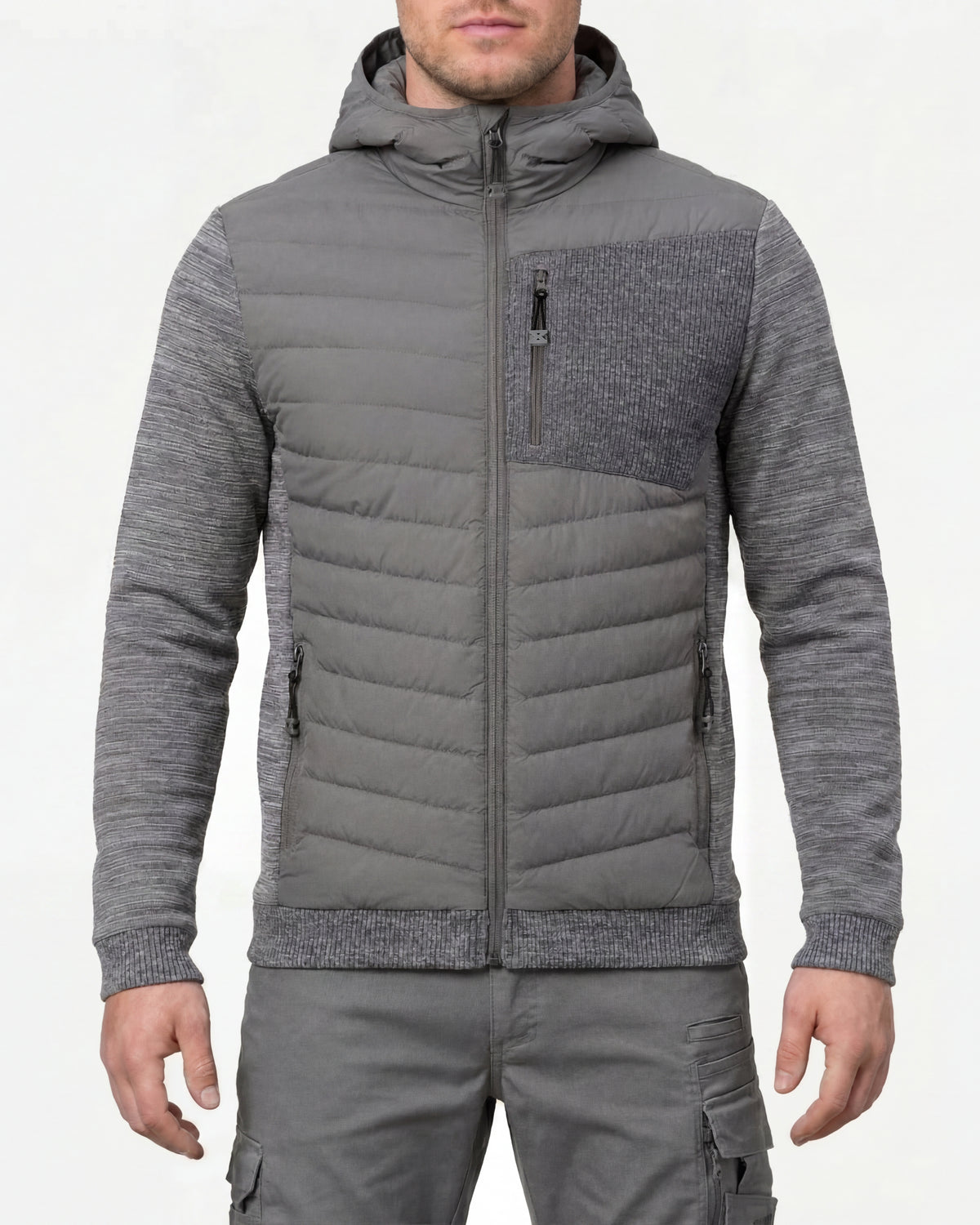 STRAUSS e.s.motion ten hybrid hooded jacket in gray melange worn, front view