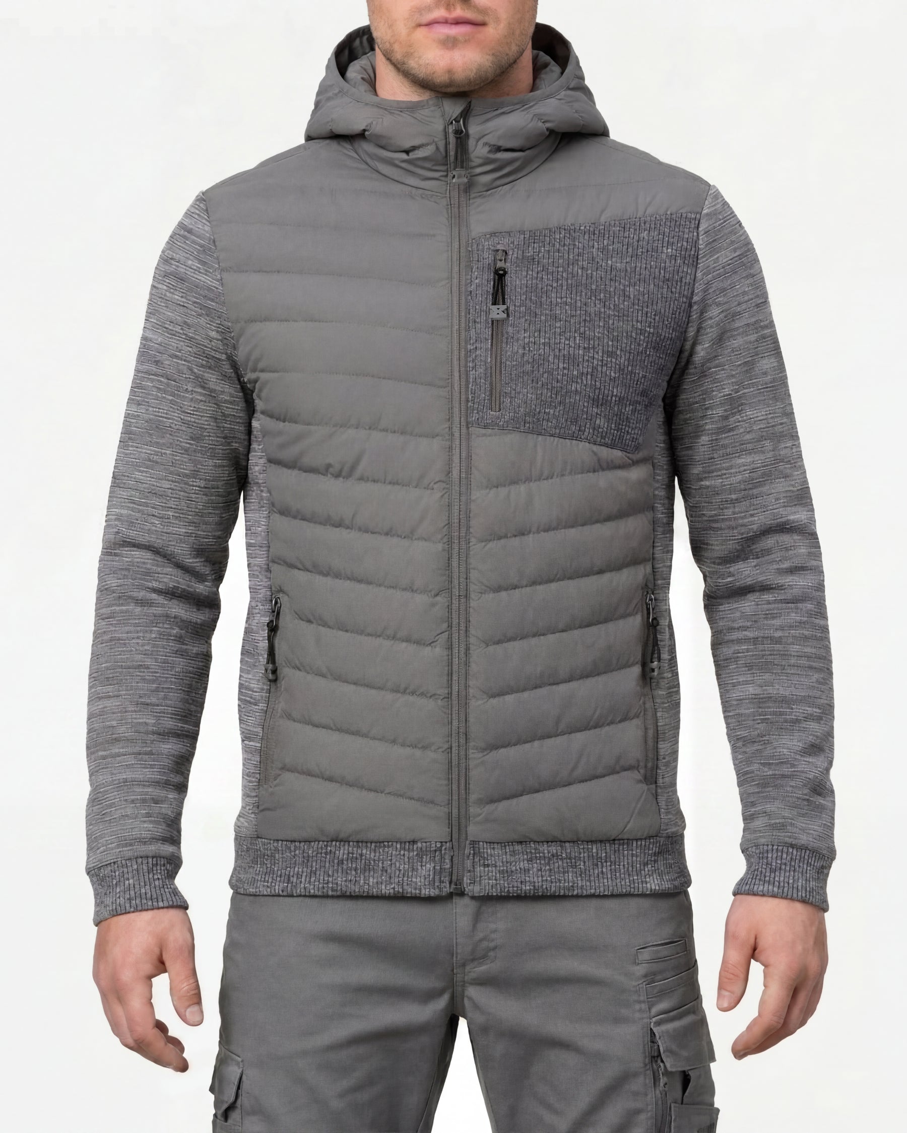 STRAUSS e.s.motion ten hybrid hooded jacket in gray melange worn, front view