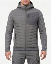 STRAUSS e.s.motion ten hybrid hooded jacket in gray melange worn, front view