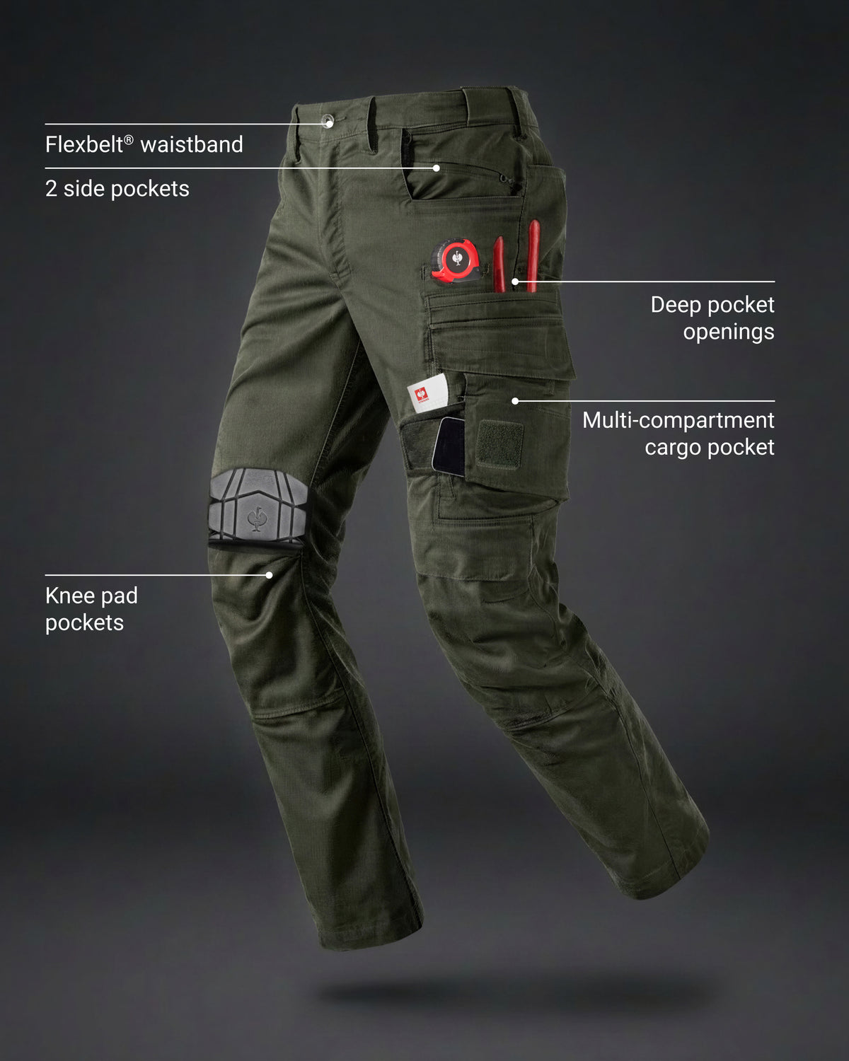 Feature view of Cargo Work Pants e.s.motion ten in disguise green, showing cargo pocket details