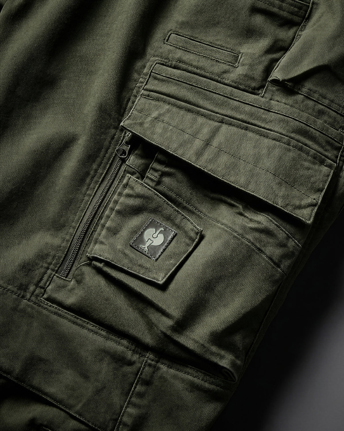 Close-up of cargo pocket details on Cargo Work Pants e.s.motion ten in disguise green