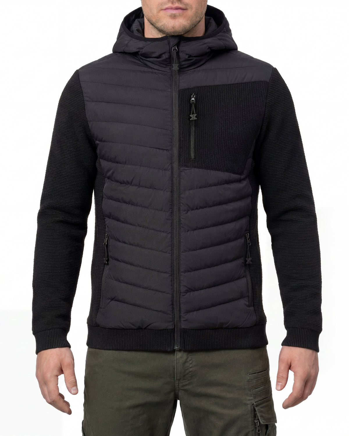 STRAUSS e.s.motion ten hybrid hooded jacket in black worn, front view