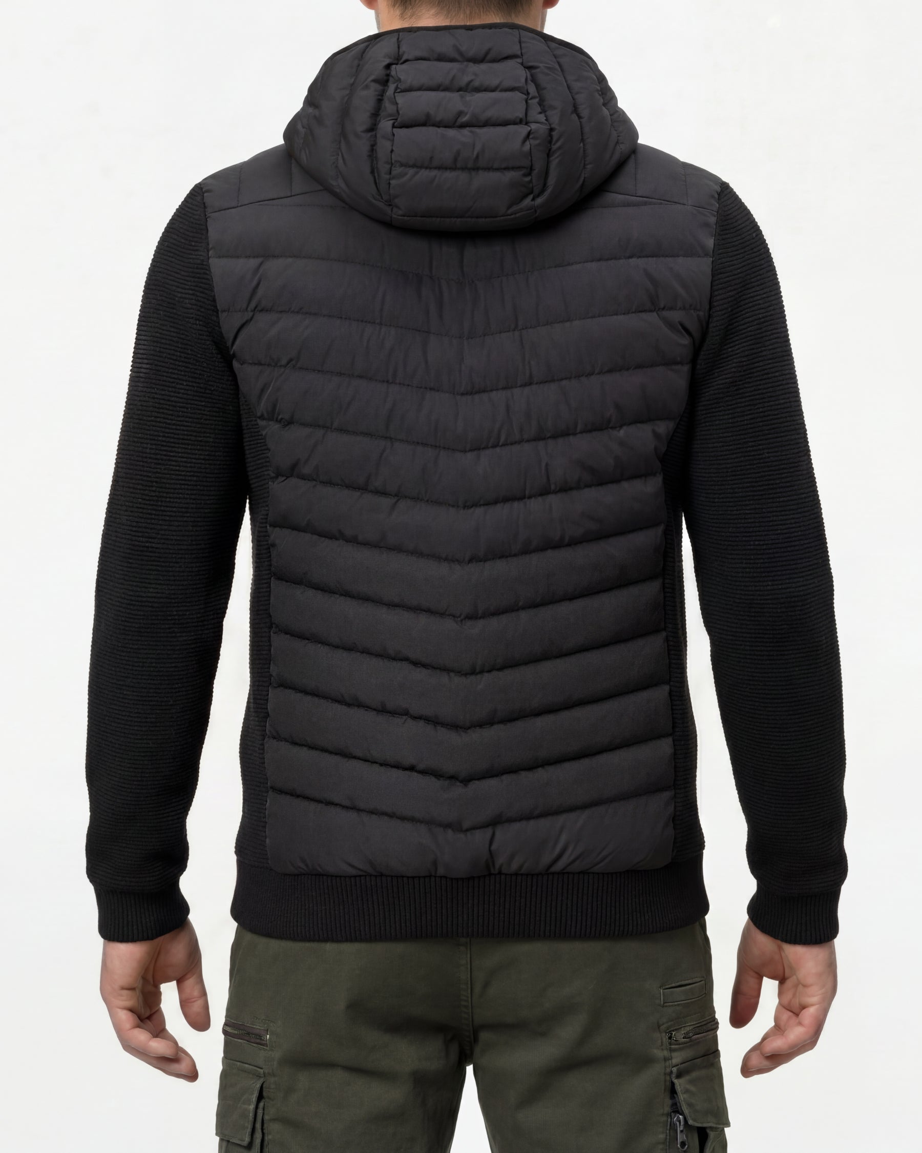 STRAUSS e.s.motion ten hybrid hooded jacket in black worn, back view