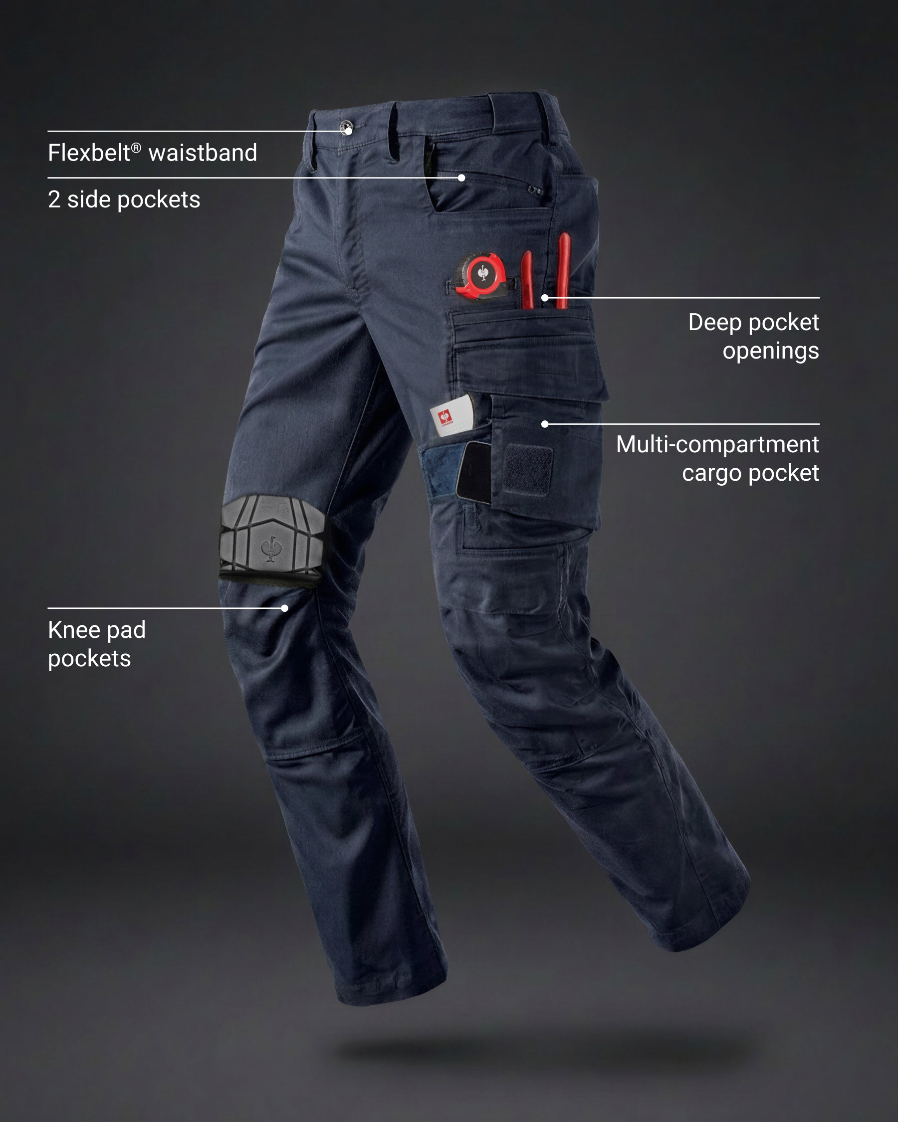 Feature view of Cargo Work Pants e.s.motion ten in slate blue, showing cargo pocket details