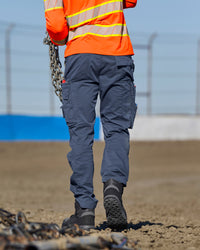 Cargo Work Pants e.s.motion ten in slate blue in use, showing fit and movement