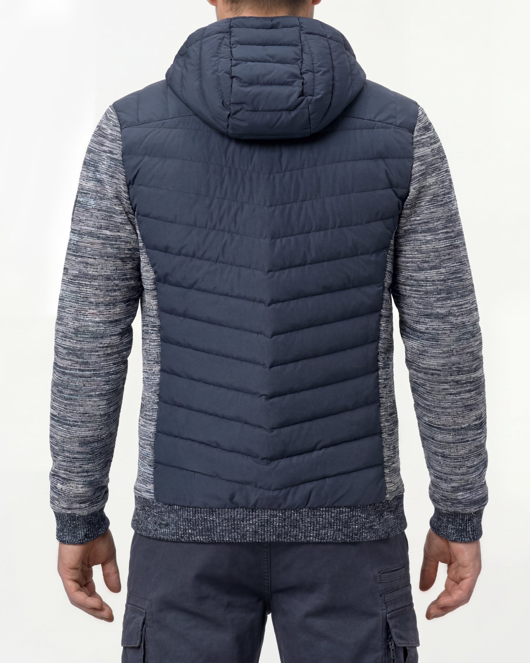 STRAUSS e.s.motion ten hybrid hooded jacket in slate blue melange worn, back view