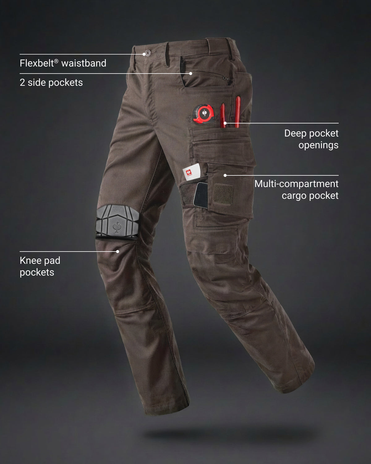 Feature view of Cargo Work Pants e.s.motion ten in chestnut, showing cargo pocket details