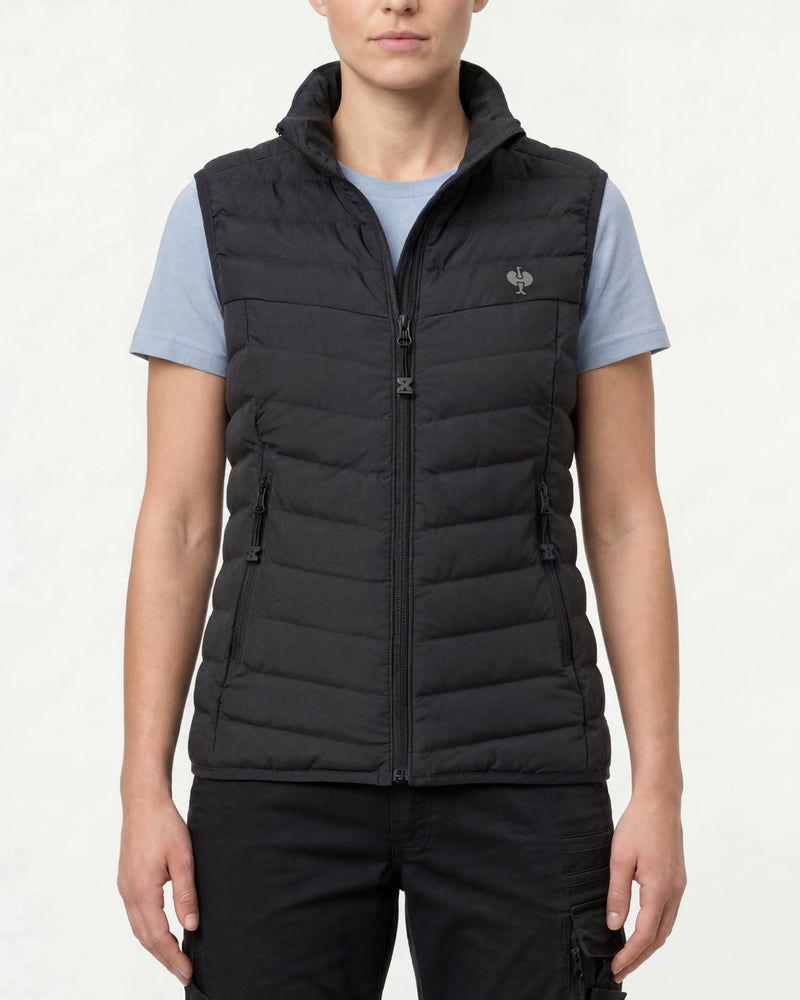 STRAUSS women's e.s.motion ten vest in oxid black worn, front view