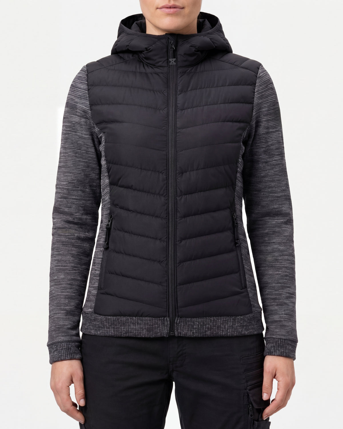 STRAUSS women's e.s.motion ten hybrid hooded jacket in oxid black melange worn, front view